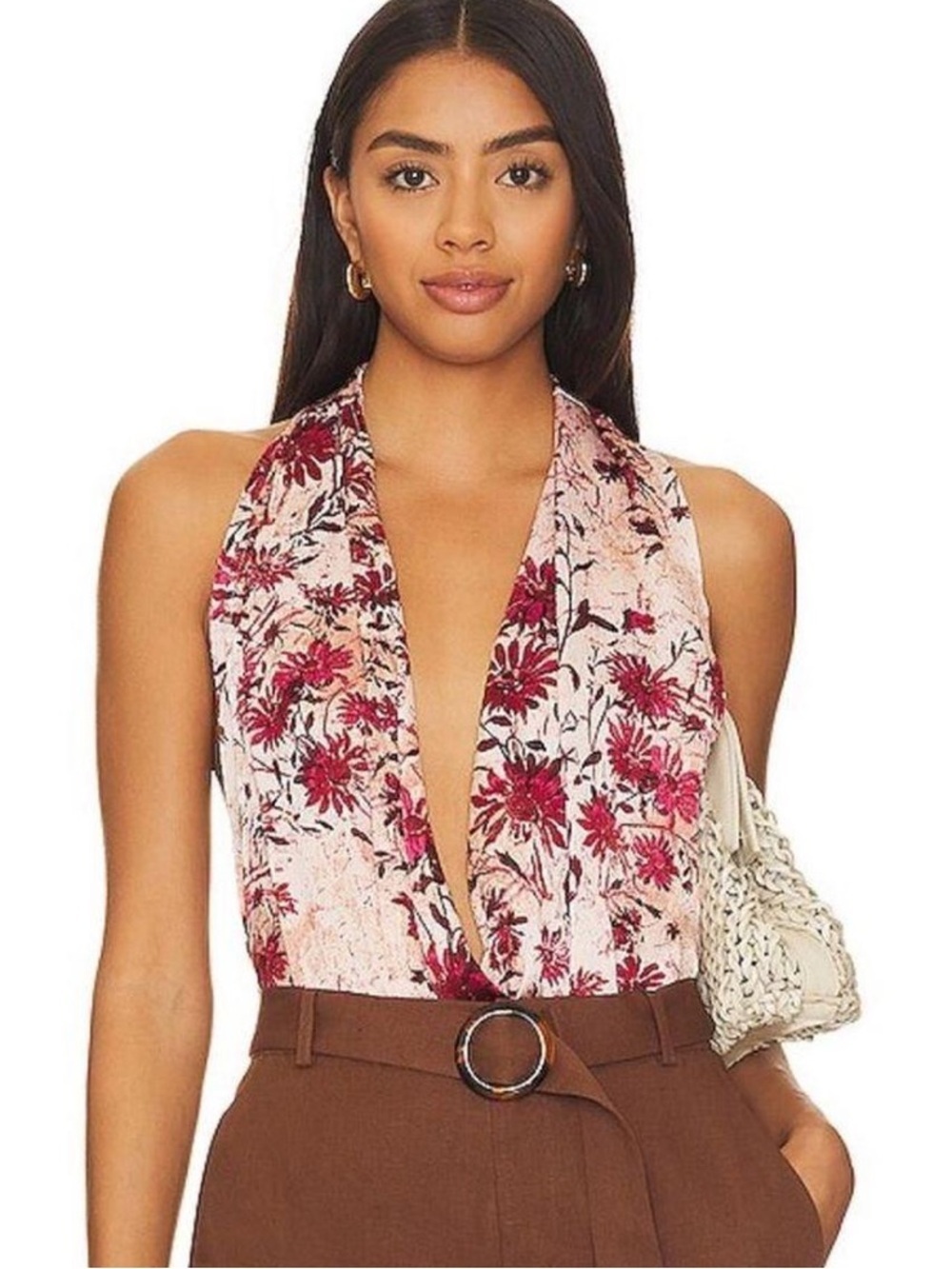Free People There She Goes Floral Plunge Halter Top in Blush and Burgundy